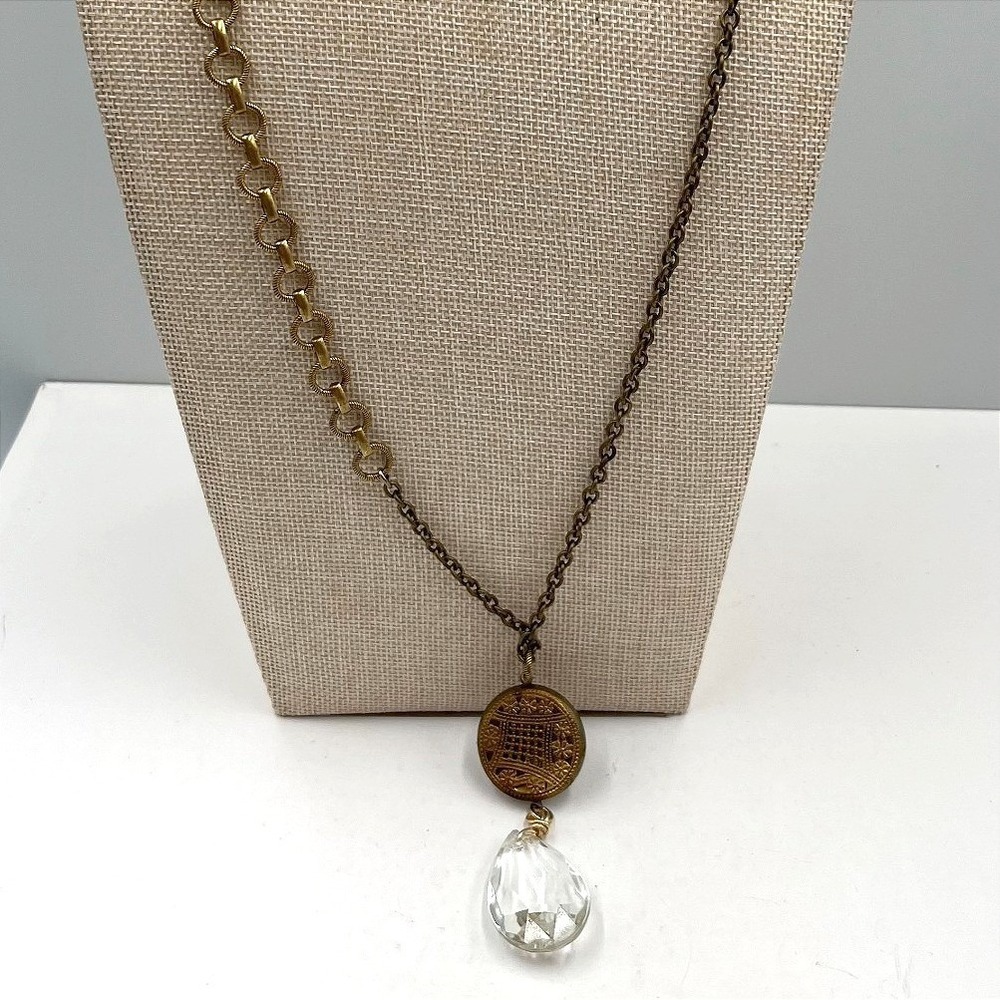Vintage Style Brass Teardrop Necklace Faceted Glass Crystal Pendant Long Stateme